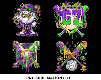 Mardi Gras Baseball Bundle PNG, Dripping Baseball Cartoon, Boys Mardi Gras Png, Baseball Ice Cream PNG, Kids Carnival Baseball Graphic