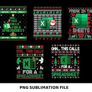 以下が含まれることがあります： Excelのスプレッドシートをテーマにしたクリスマスデザインのコレクションです。「Ohh... This Calls For A Spreadsheet」や「Freak in the Sheets」などのテキストが含まれています。配色は主に黒、緑、赤です。