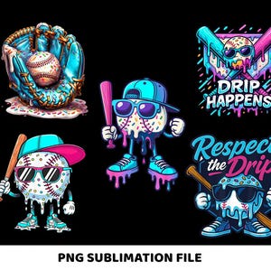 Puede incluir: Un conjunto de gráficos digitales con temática de béisbol. Los diseños presentan pelotas de béisbol con gafas de sol, bates y las frases "Drip Happens" y "Respect the Drip". Las imágenes utilizan una paleta de colores vibrantes de azul, rosa y blanco.