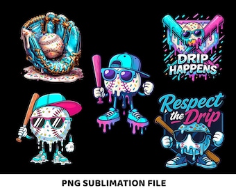 May include: A collection of baseball-themed digital graphics. The designs feature baseballs with sunglasses, bats, and the phrases "Drip Happens" and "Respect the Drip." The images are in a vibrant color palette of blue, pink, and white.