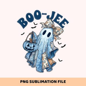 May include: A whimsical illustration of a ghost with the text "BOO-JEE". The ghost is light blue with patchwork details and a floral bow. It carries a blue pumpkin bucket, with black bats scattered around. A PNG sublimation file.