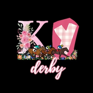 May include: Pink and white graphic with the letter K and a pink and white checkered Y. The graphic says "derby" below the letters. There are five horses and riders in the graphic.