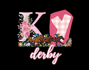 May include: Pink and white graphic with the letter K and a pink and white gingham Y. The graphic says "derby" below the letters. There are five horses and riders in the graphic.