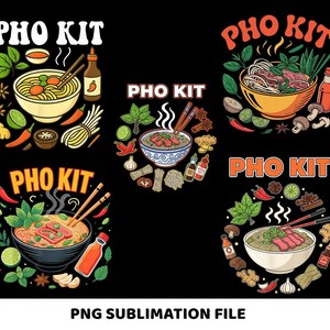 Könnte beinhalten: Ein schwarzer Hintergrund mit fünf farbenfrohen Illustrationen von Pho-Kits. Jedes Design zeigt eine Schüssel Pho mit Nudeln, Kräutern und Gewürzen. Der Text "PHO KIT" ist über jeder Illustration in Orange und Weiß dargestellt.