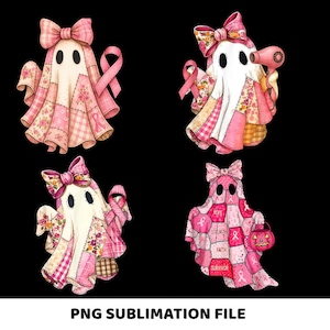 以下が含まれることがあります： ピンクのパッチワークデザイン、リボン、リボンが特徴の4つの気まぐれなゴーストイラスト。あるゴーストはピンクのリボンを、別のゴーストはヘアドライヤーを、3番目のゴーストはジャック・オー・ランタンを持っています。「PNG SUBLIMATION FILE」というテキストが下にあります。