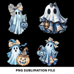 May include: Four watercolor illustrations of ghosts in blue and white outfits, each with a unique design. One ghost holds a jack-o'-lantern bucket, another carries a lantern, and two wear bows. The text "PNG SUBLIMATION FILE" is at the bottom.