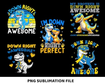 Down Right Awesome Dinosaur PNG, Down Syndrome Awareness Shirt, Blue Yellow Ribbon Shirt, Down Syndrome Support, Digital Download