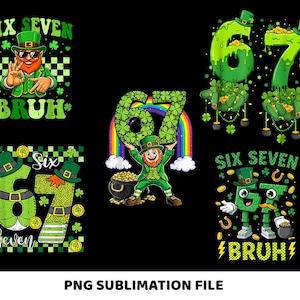 Op de afbeelding: Een verzameling afbeeldingen met het thema St. Patrick's Day. Ontwerpen omvatten kabouters, klavers en de nummers 67, met de tekst "SIX SEVEN" en "BRUH". De afbeeldingen zijn in groen, goud en regenboogkleuren, perfect voor sublimatie.