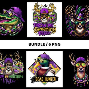 Op de afbeelding: Een verzameling van zes digitale afbeeldingen met een Mardi Gras-thema. De afbeeldingen tonen een paars gehoede alligator, hert en eend met zonnebrillen en kralenkettingen. Tekst bevat "Throw Me Something Mister" en "Bead Hunter".