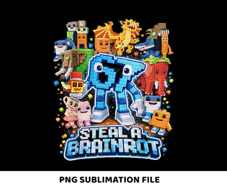 May include: A black background with a colorful graphic design featuring pixelated creatures and the text "STEAL A BRAINROT" in blue and white. The design includes a large blue robot-like figure and various animal-like characters.