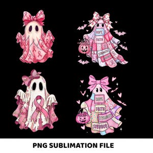 以下が含まれることがあります： ピンクのリボンと蝶ネクタイで飾られた4つの幽霊のイラスト。乳がんの啓発を象徴しています。一部の幽霊はカボチャを持っていたり、「希望」や「信仰」などの言葉を表示しています。「PNG SUBLIMATION FILE」というフレーズが下に表示されています。
