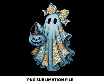 Retro Halloween Blue Denim Png, Trendy Patchwork, gruseliger Geist Png, Süßer Boo Geist, Kokette Png, Herbst Kürbis Png, Gruselige Jahreszeit Png