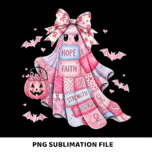 May include: A whimsical illustration of a ghost-like figure with a patchwork design in shades of pink. The figure has a large bow, a pumpkin basket, and the words "Hope," "Faith," "Strength," and "Survivor." Pink bats and hearts are scattered around the figure.