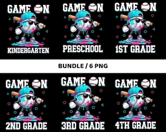 Baseball Back To School PNG Bundle, Game On Baseball Prek First Second Third Grade PNG, Baseball Ice Cream Drip School Shirt Design Download