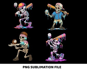 Könnte beinhalten: Vier farbenfrohe Illustrationen von Baseball-Skeletten auf schwarzem Hintergrund. Jedes Skelett trägt eine Baseballkappe und hält einen Baseball oder einen Schläger. Der Text "PNG SUBLIMATION FILE" befindet sich unten.