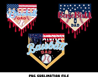 Puede incluir: Tres diseños con temática de béisbol con un tema patriótico. Cada diseño presenta una pelota de béisbol, las palabras "Baseball Dad" y una combinación de colores rojo, blanco y azul. Los diseños tienen la forma de un plato de home de béisbol.