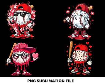 Puede incluir: Cuatro personajes de béisbol de dibujos animados con acentos rojos, que llevan gafas de sol y sombreros, sosteniendo bates y corazones. Las pelotas de béisbol tienen pintura roja goteando y están sobre un fondo negro. El texto "PNG SUBLIMATION FILE" está en la parte inferior.