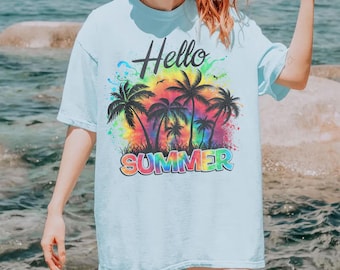 Retro Tie Dye Hello Summer Palm Trees Png, Summer Vibes Png, Trendy Summer Shirt Design, Digital Download, PNG