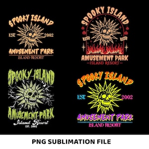 May include: Four Spooky Island amusement park designs on a black background. Each design features a skull with a sunburst, the text "Spooky Island", "Amusement Park", and "Island Resort". The designs are in orange, red, green, and yellow.