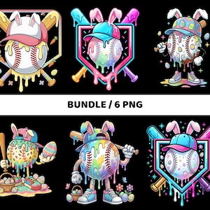 May include: A bundle of six baseball-themed Easter designs. Each design features a baseball with bunny ears, a baseball cap, and dripping paint effects in pastel colors. The designs include baseball bats, eggs, and baskets, all set against a black background.
