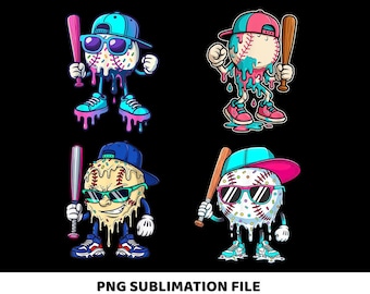 Puede incluir: Cuatro personajes de béisbol de dibujos animados con gafas de sol, sombreros y bates. Cada pelota de béisbol tiene una combinación de colores única, incluyendo rosa, azul y amarillo, con efectos de pintura goteando. La imagen está sobre un fondo negro, con el texto "PNG SUBLIMATION FILE" en la parte inferior.