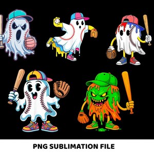 May include: A digital illustration featuring five cartoon baseball-themed ghosts. Each ghost wears a baseball cap and is holding a bat, glove, or baseball. The ghosts are white, green, and orange, with colorful accents. The text "PNG SUBLIMATION FILE" is at the bottom.