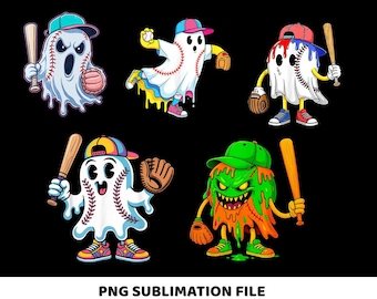 May include: A digital illustration featuring five cartoon baseball-themed ghosts. Each ghost wears a baseball cap and is holding a bat, glove, or baseball. The ghosts are white, green, and orange, with colorful accents. The text "PNG SUBLIMATION FILE" is at the bottom.