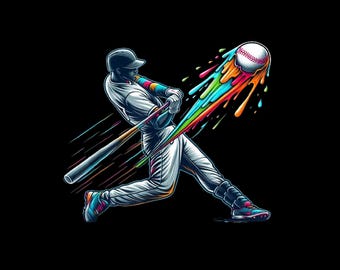 Könnte beinhalten: Illustration eines Baseballspielers beim Schlagen eines Balls. Der Baseball und der Schläger weisen farbenfrohe, farbähnliche Streifen auf. Der Spieler trägt eine Baseballuniform und einen Helm vor schwarzem Hintergrund.