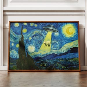 Funny Starry Night UFO Print, Remastered Van Gogh Wall Art with Alien Sheep Abduction, Quirky Digital Download Poster for Home or Office
