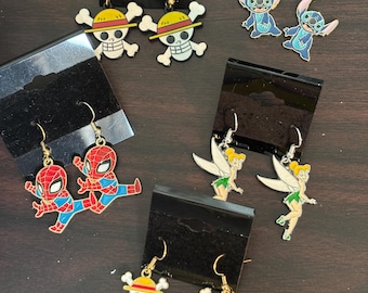 enamel character earrings. Tinkerbell. Stitch. Spiderman. one piece