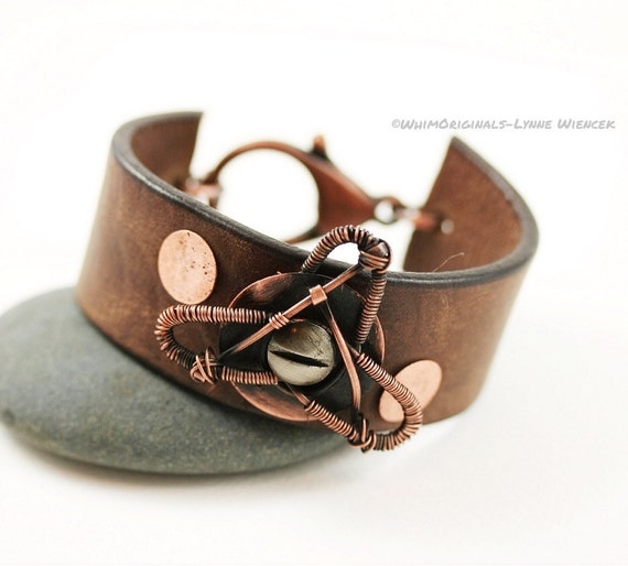 Items similar to Unisex Leather and Copper Wire Wrapped Cuff Bracelet