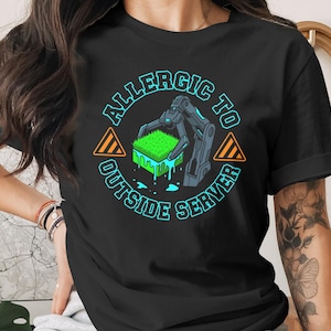 Allergic to Outside Server T-Shirt | Programmer Gamer Tee | Robot Arm Grass Cyberpunk Humor Shirt | Developer Gift Idea