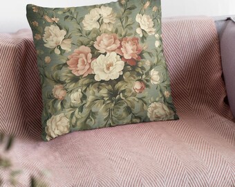 Victorian Floral Woven Pillow Cover – Vintage Tapestry Style Cushion for Cottagecore & Shabby Chic Decor