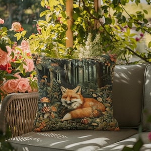 Woven Throw Pillow - William Morris Inspired Pillow - Fox Cottagecore Aesthetic - Medieval Throw Pillow - Vintage style Home Decor