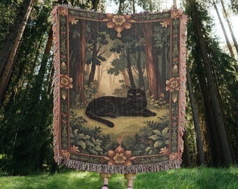 Black Cat Woven Blanket – Mystical Forest Floral Throw, Cottagecore Home Decor, Witchy Cat Lover Gift, Gothic Blanket, Cozy Tapestry Throw
