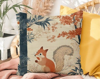 Japanese Style Woodland Animal Pillow - Woven Pillow - Ukiyo-e Inspired Home Decor