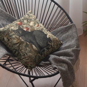 Black Cat Woven Pillow - William Morris Inspired Throw Pillow - Cottagecore aesthetic Decor - Gothic Home Decor - Bohemian style Forestcore