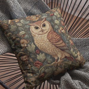 William Morris Inspired Owl Woven Throw Pillow - Woodland Cottagecore decorative pillow - Maximalist Home Decor Forestcore Boho Pillow