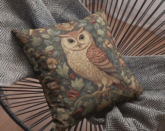 Op William Morris geïnspireerde geweven uil sierkussen - Decoratief kussen Woodland Cottagecore - Maximalist Home Decor Forestcore Boho-kussen