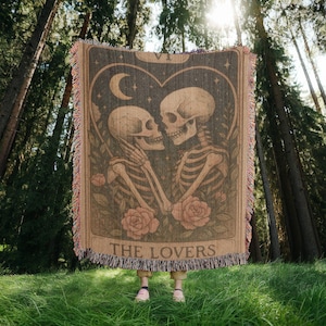 The Lovers Tarot Card Tapestry – Whimsical Gothic Woven Blanket, Skeleton Decor, Romantic Occult Gift - Gift For Her - Anniversary Gift