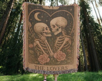 The Lovers Tarot Card Tapestry – Whimsical Gothic Woven Blanket, Skeleton Decor, Romantic Occult Gift - Gift For Her - Anniversary Gift