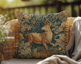 Stag Woven Pillow  – William Morris Inspired Tapestry Cushion | Medieval Botanical Throw Pillow | Rustic Vintage Deer Design - Cottagecore