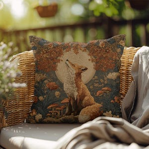 William Morris Fox Woven Throw Pillow - Decorative Cottagecore Aesthetic Cushion - Woodland Forestcore decor - Vintage style Boho decor