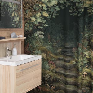 Mystical Woodland Path Shower Curtain – Whimsical Cottagecore Fantasy Bathroom Decor