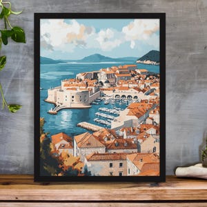 Paisaje del casco antiguo de Dubrovnik - Póster enmarcado pintado a mano - Regalo para amantes de los viajes