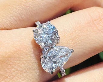 Toi Et Moi Diamond Ring | Pear-Emerald Cut Certified Lab Grown Diamond Engagement Ring | 14kt White Gold For Women | You & Me Ring For Love