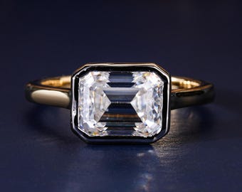 Bezel Set Emerald Cut Lab Diamond Ring – Minimalist Gold Solitaire Engagement Ring – Modern Ethical Jewelry Gift