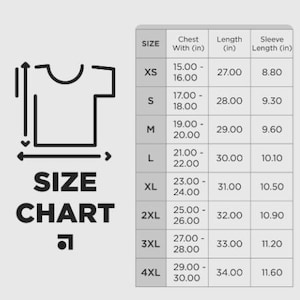 K&ouml;nnte beinhalten: Eine Gr&ouml;&szlig;entabelle mit einer schwarzen Umrisszeichnung eines T-Shirts und Pfeilen, die die Messpunkte markieren. Die Tabelle f&uuml;hrt Gr&ouml;&szlig;en von XS bis 4XL mit den entsprechenden Ma&szlig;en f&uuml;r Brustweite, L&auml;nge und &Auml;rmell&auml;nge in Zoll auf.