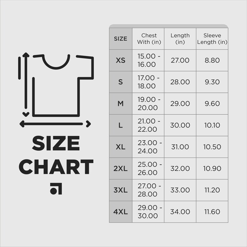 以下が含まれることがあります： Tシャツのサイズチャートで、センチメートル単位の測定値が表示されています。 XSから4XLまでのサイズがあり、胸囲、着丈、袖丈の寸法が記載されています。 Tシャツのグラフィックも含まれています。