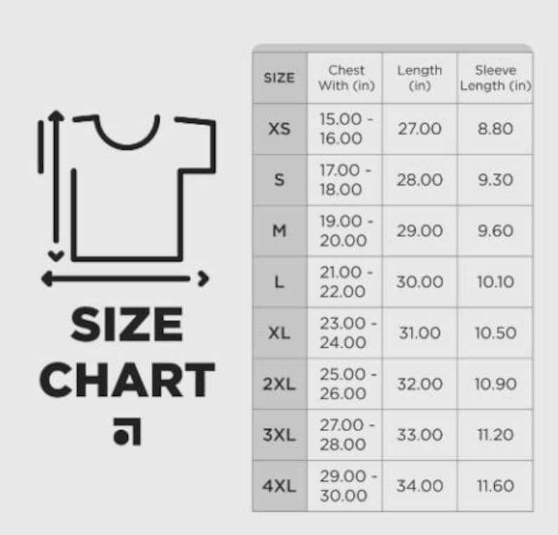 K&ouml;nnte beinhalten: Eine Gr&ouml;&szlig;entabelle mit einer schwarzen Umrisszeichnung eines T-Shirts und Pfeilen, die die Messpunkte markieren. Die Tabelle f&uuml;hrt Gr&ouml;&szlig;en von XS bis 4XL mit den entsprechenden Ma&szlig;en f&uuml;r Brustweite, L&auml;nge und &Auml;rmell&auml;nge in Zoll auf.